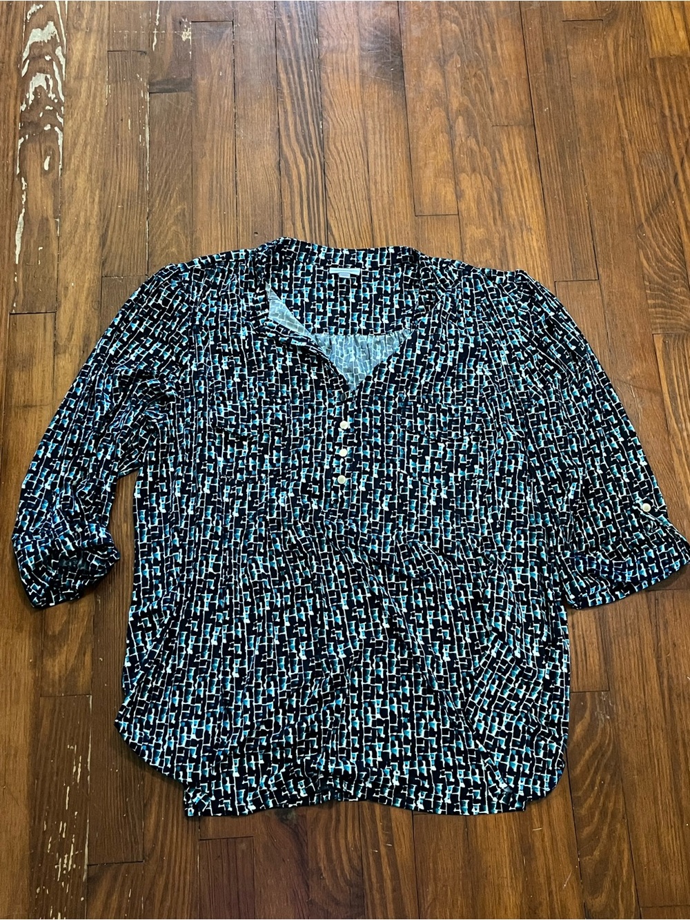 Avenue Black, Navy and Teal Geometric Long Sleeve Blouse
